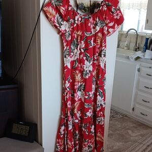 Elegant Red Hawaiian Floral Maxi Dress
